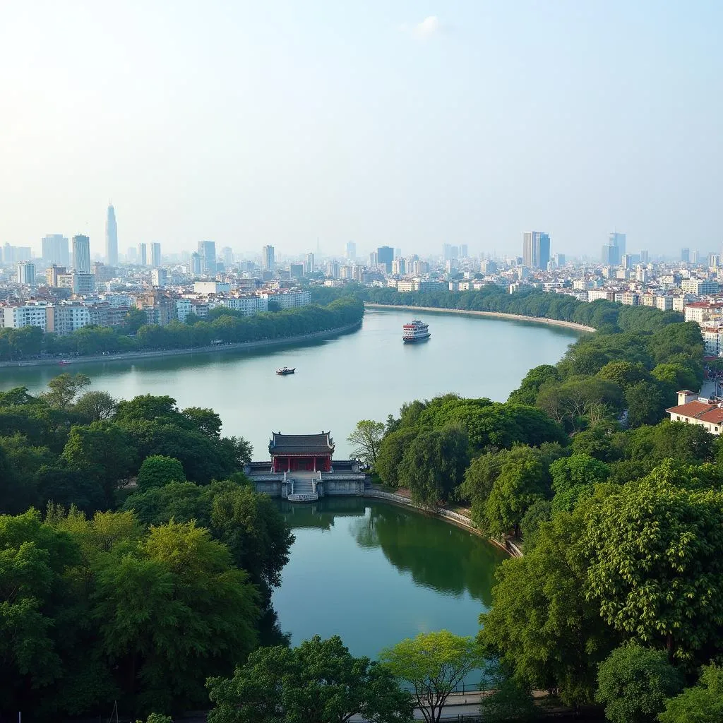 Hanoi cityscape with Hoan Kiem Lake and Ngoc Son Temple