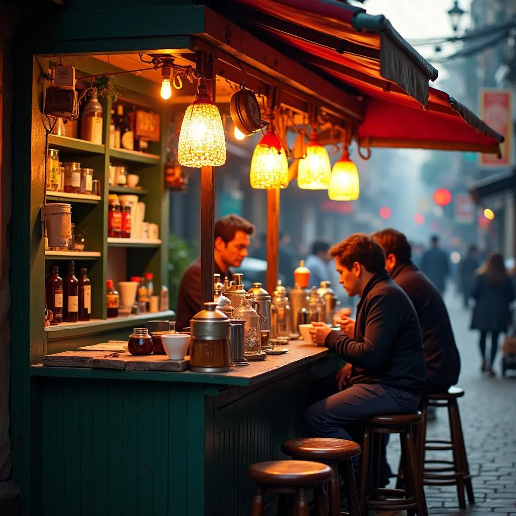 Busy Hanoi coffee street scene