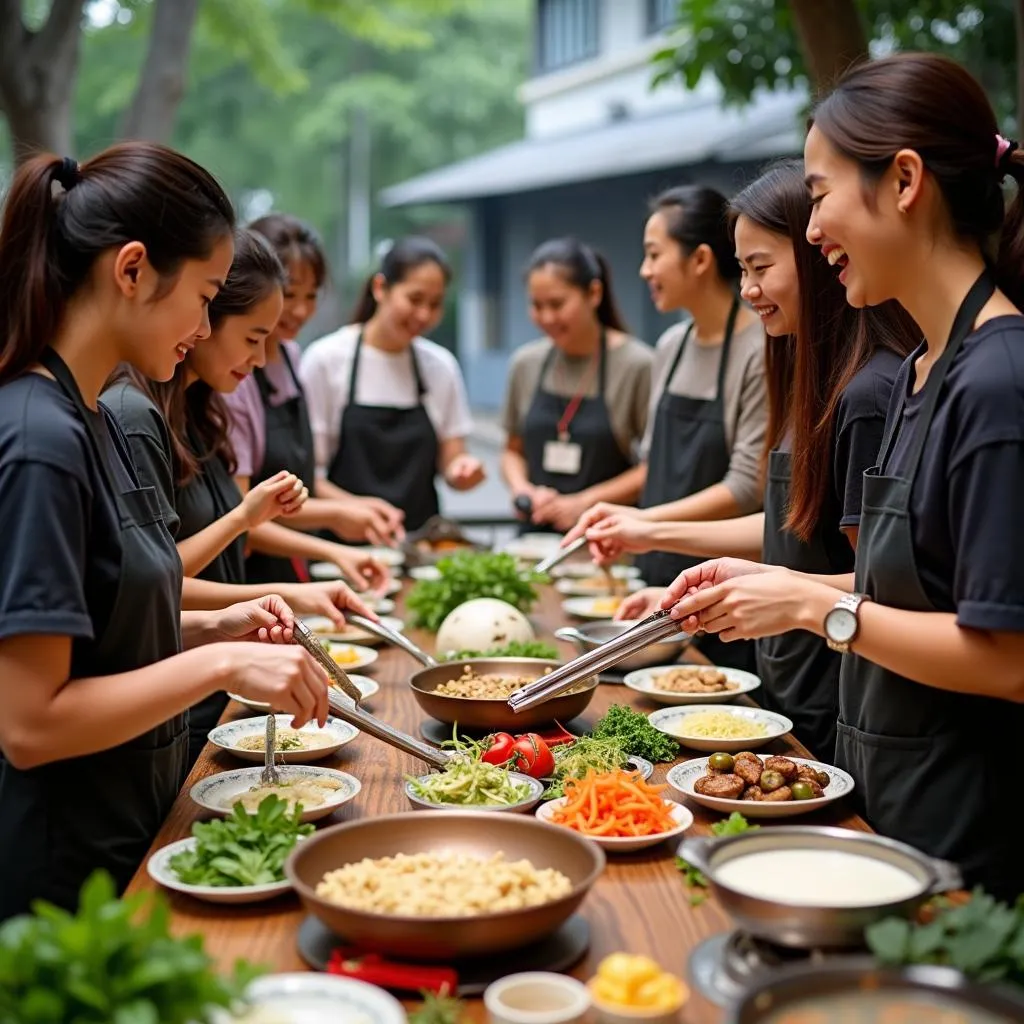 Participants learning to make Vietnamese food in a cooking class in Hanoi