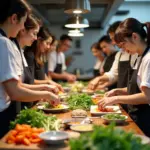 Students in a Hanoi cooking class preparing fresh ingredients