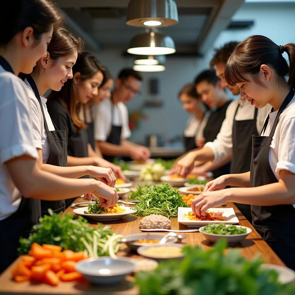 Students in a Hanoi cooking class preparing fresh ingredients