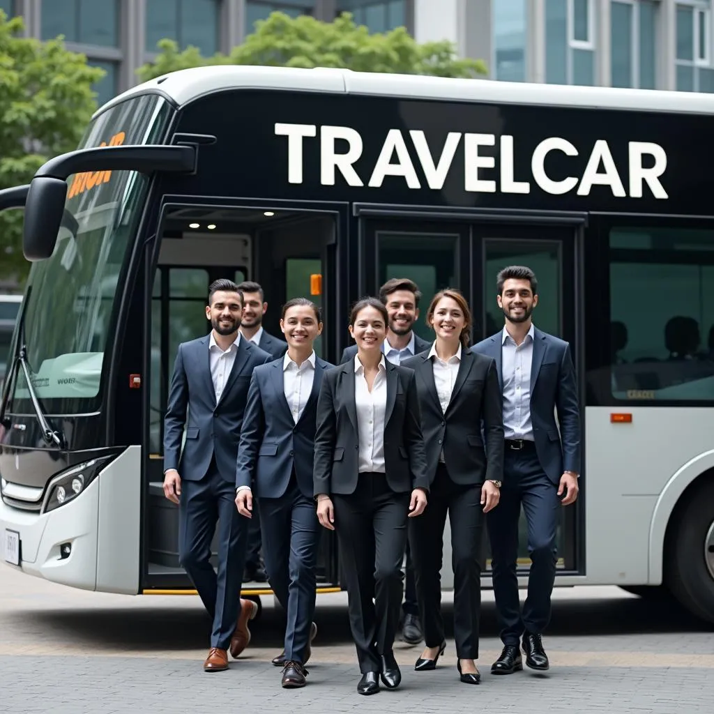 Group of business professionals exiting a TRAVELCAR bus in Hanoi