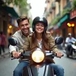 Couple riding motorbike in Hanoi