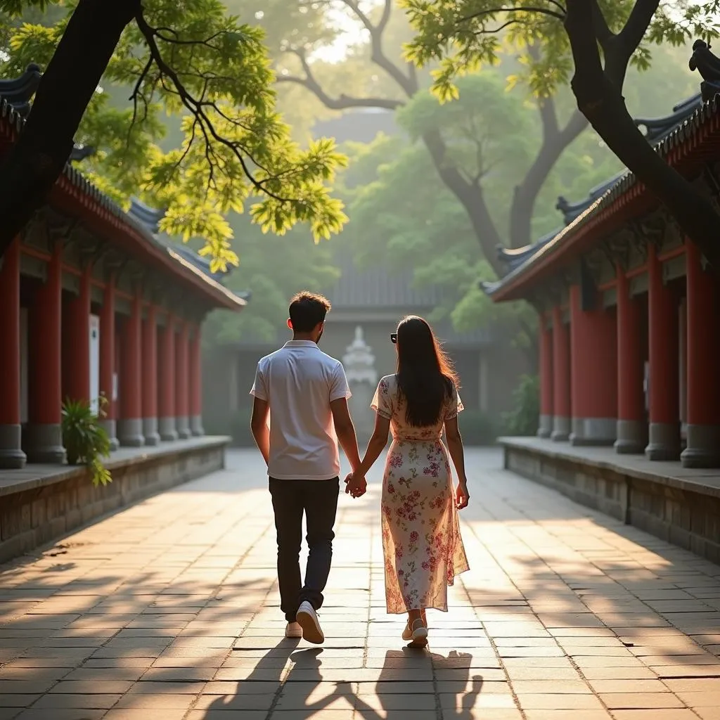 Couples exploring Temple of Literature