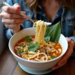 A photo of a person enjoying a bowl of phở in Hanoi