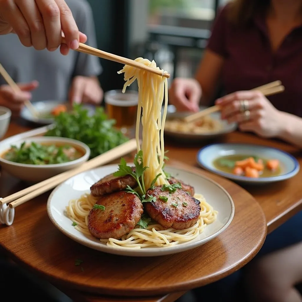 A photo of a group of people enjoying a meal of bún chả in Hanoi