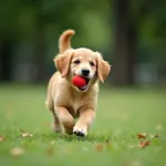 Dog playing fetch in a Hanoi park