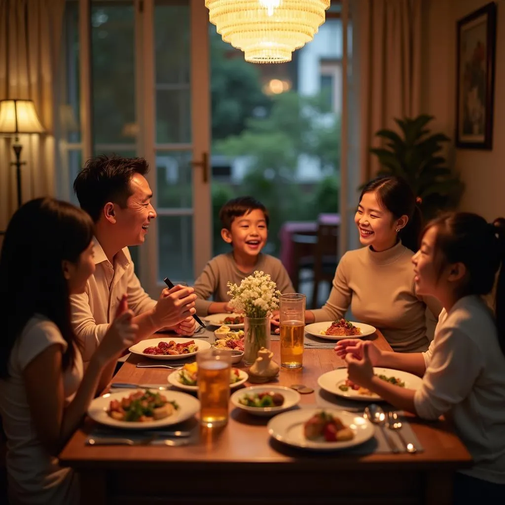 Family sharing stories during dinner in Hanoi