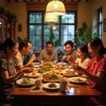 Family enjoying dinner in Hanoi's Old Quarter