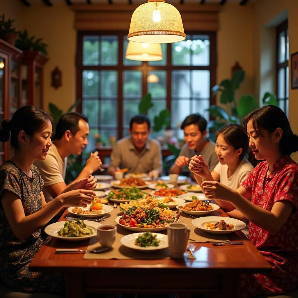 Family enjoying dinner in Hanoi's Old Quarter