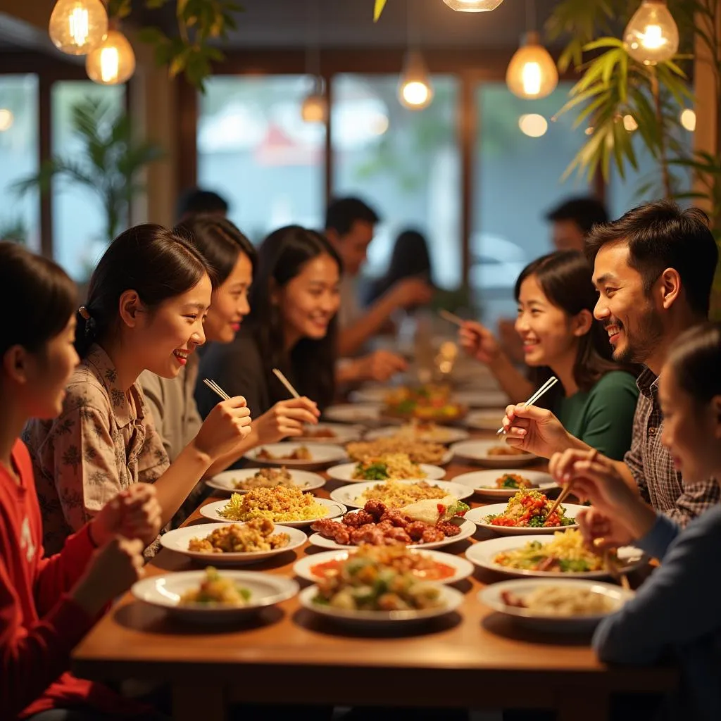 A Vietnamese family enjoying a traditional meal together