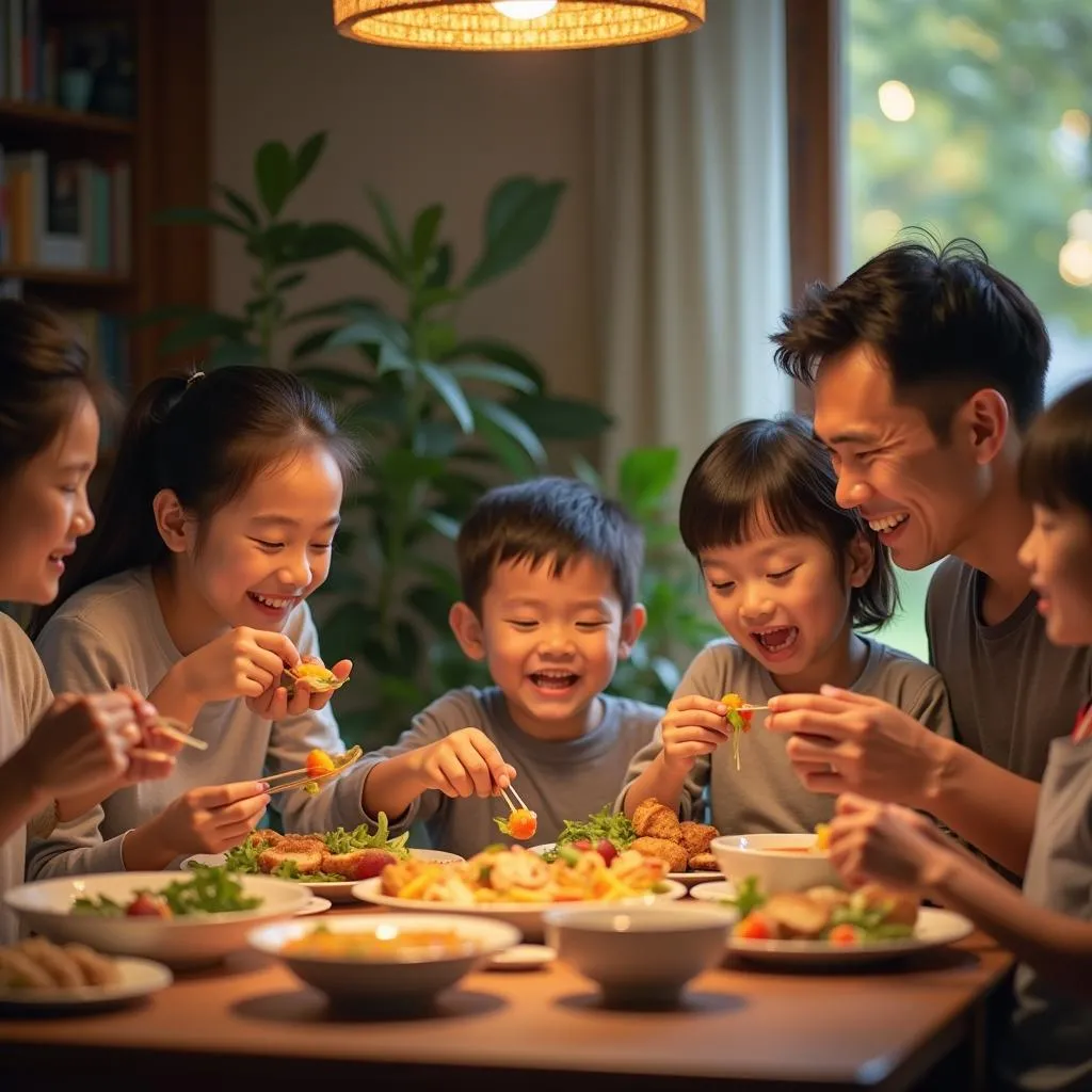 A Vietnamese family enjoying a meal together in a local eatery in Hanoi.