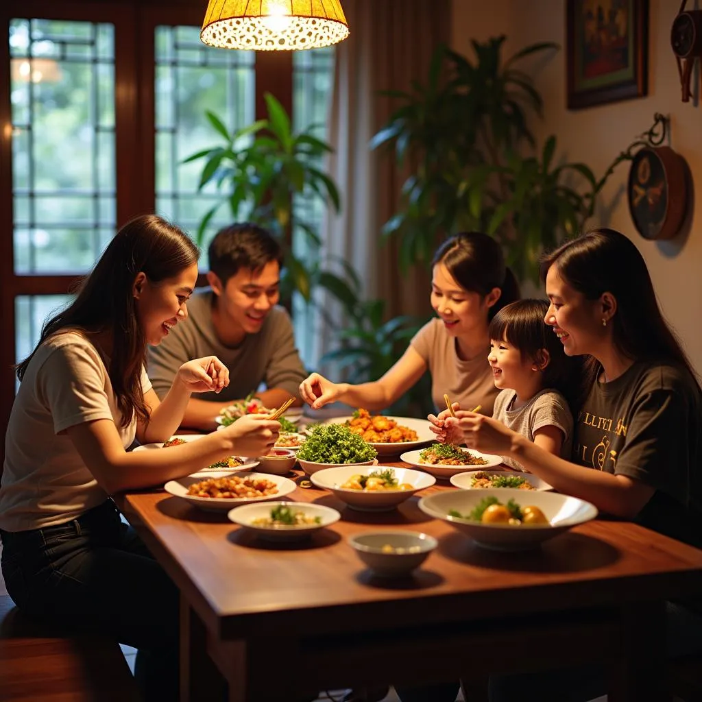 Family enjoying a meal together in Hanoi