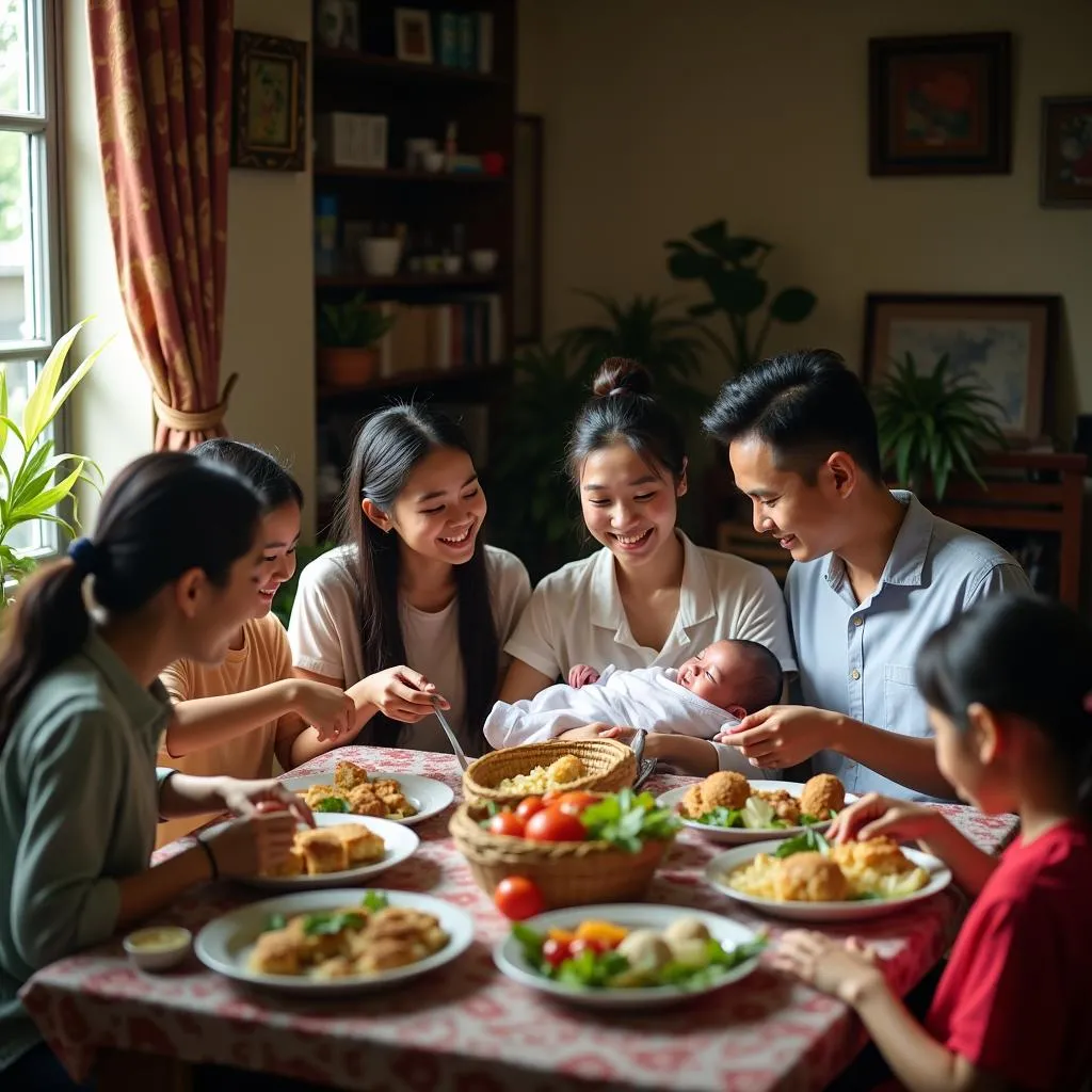 Family enjoying postpartum meal in Hanoi