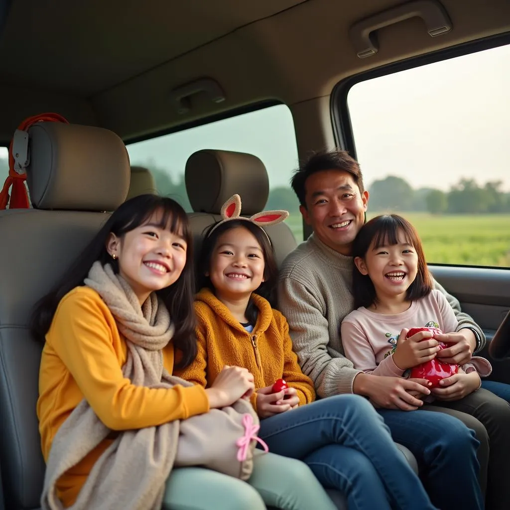 A happy Vietnamese family enjoying a road trip in a TRAVELCAR rental van