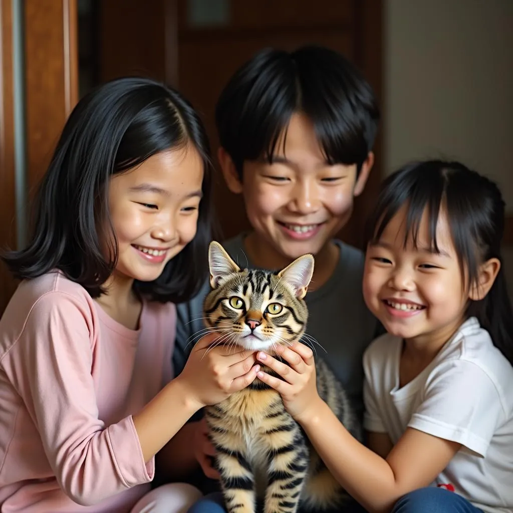 Family welcoming new cat in Hanoi