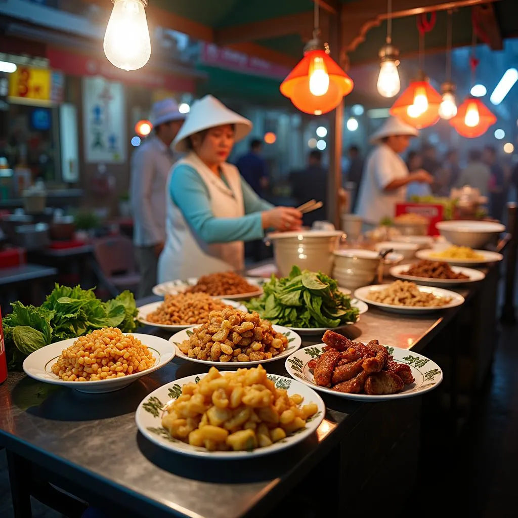 Vietnamese food market stall selling com lam