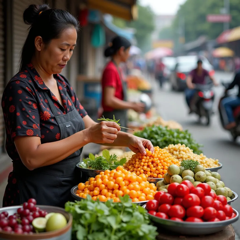 Hanoi street vendor preparing fruit salad