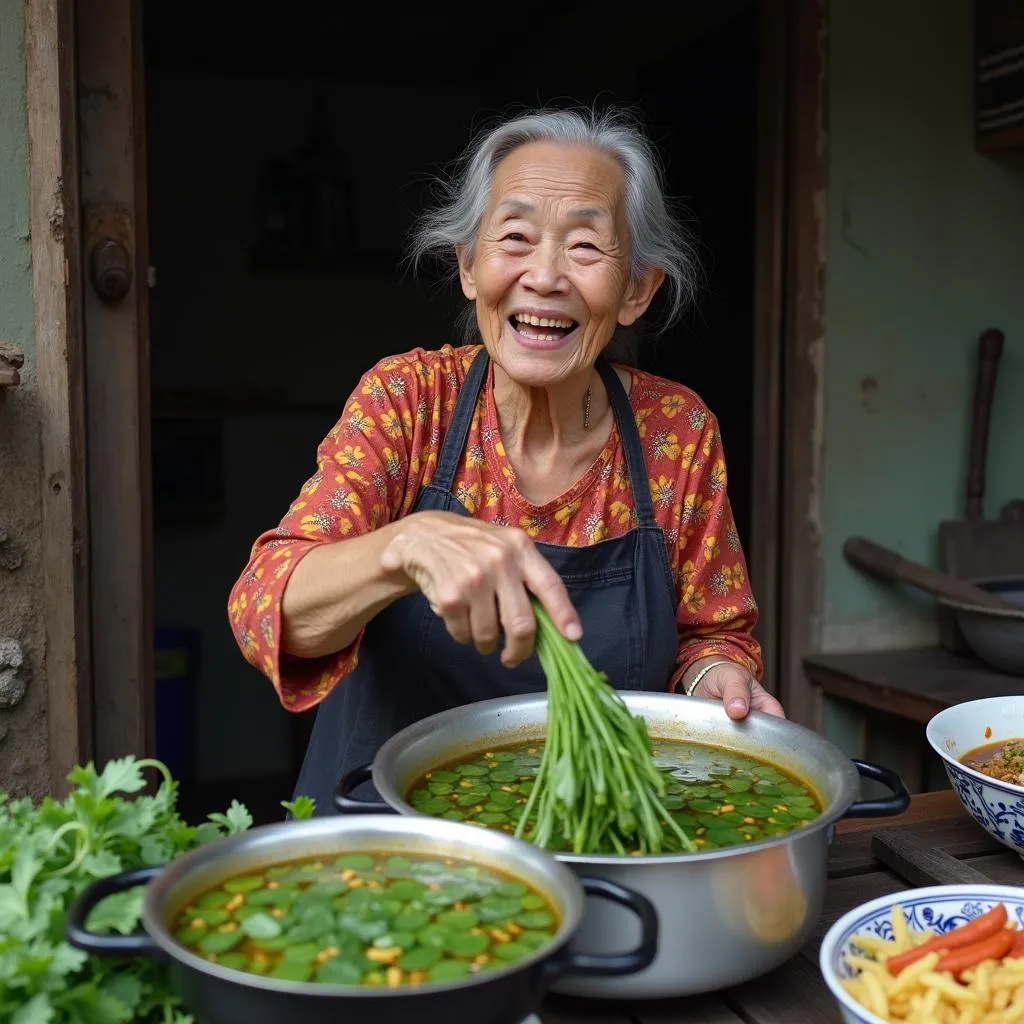 Hanoi Grandmother Preparing Traditional Vietnamese Mustard Green Soup