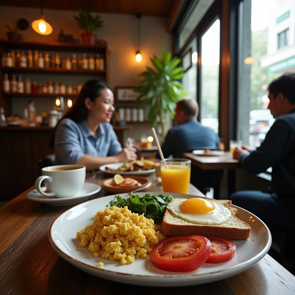 Enjoying Western breakfast at a local cafe in Hanoi