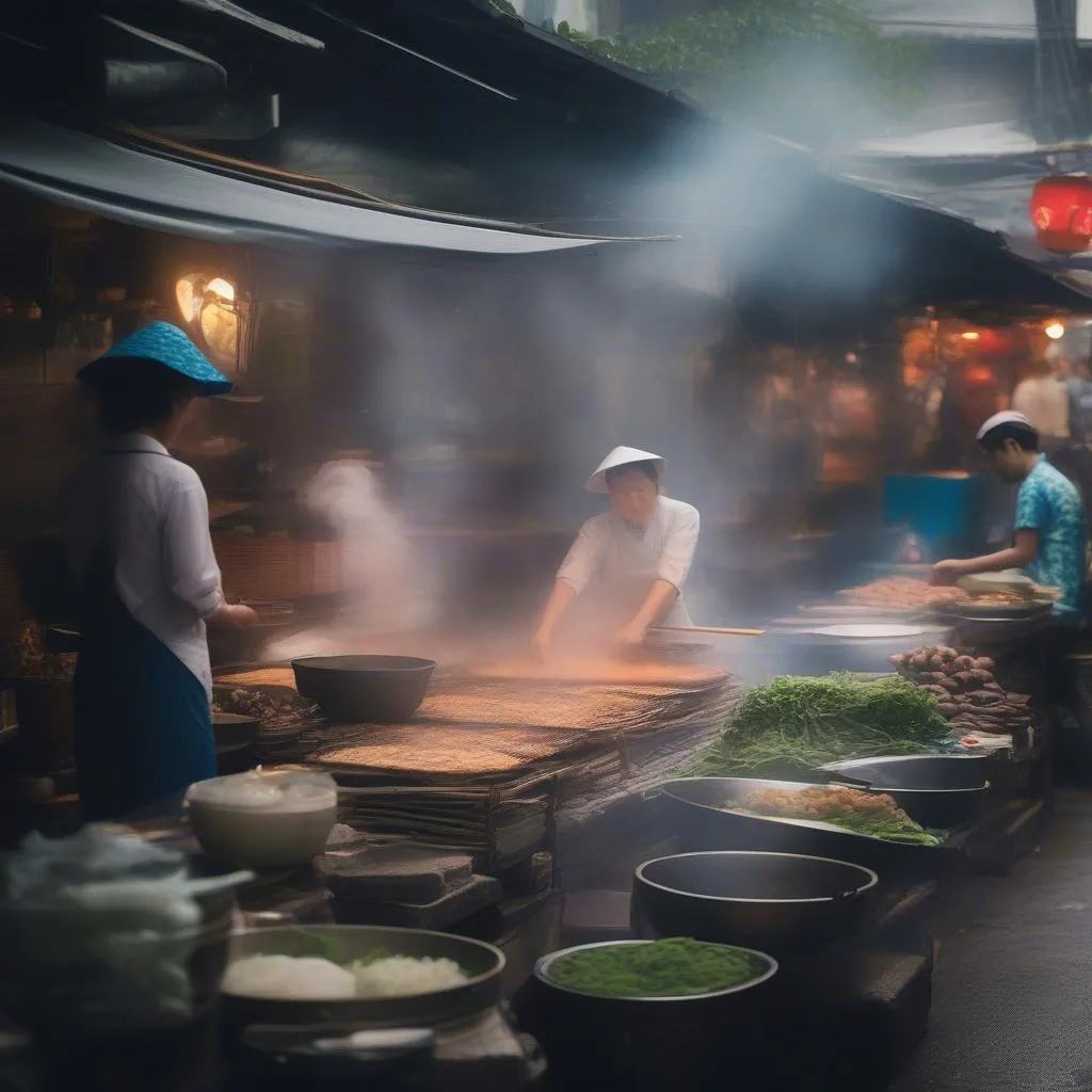 Preparing Banh Cuon at a bustling Hanoi market