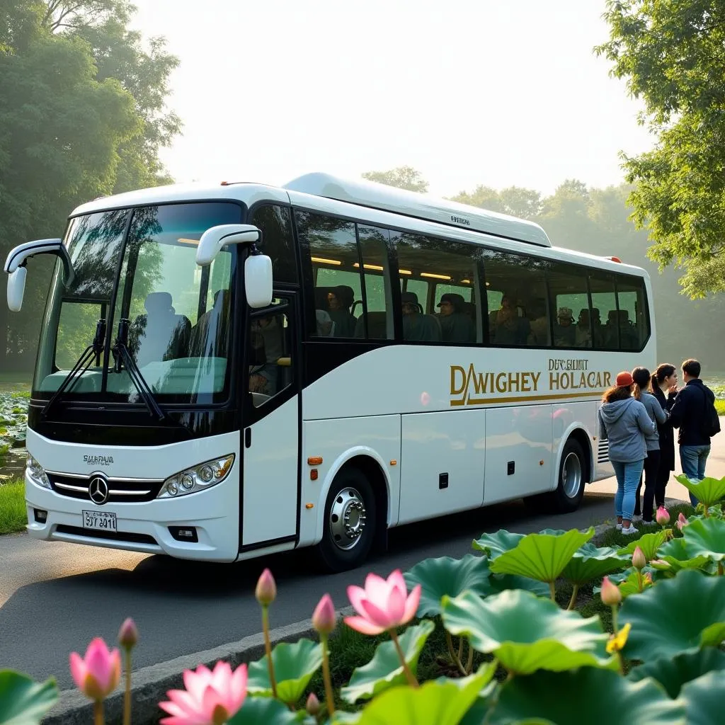 TRAVELCAR tour bus at a lotus pond in Hanoi