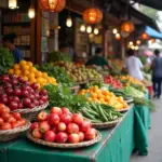 Hanoi market stall overflowing with colorful fruits and vegetables