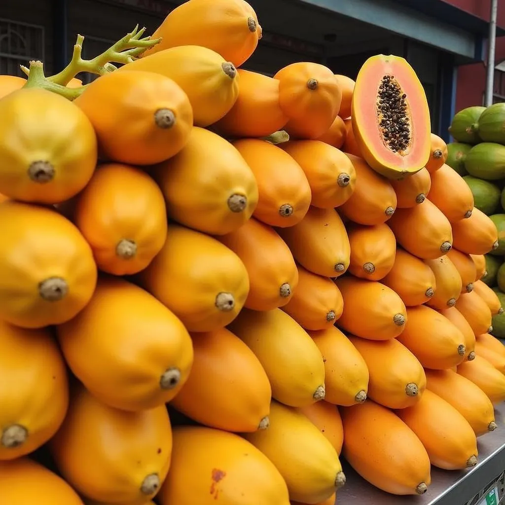 Fresh papaya display at Hanoi market