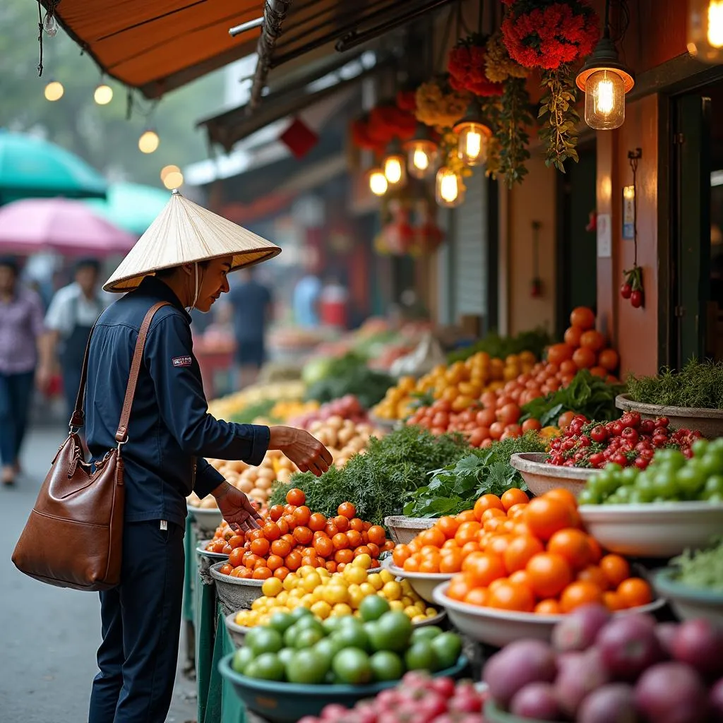 Hanoi market with colorful fresh produce