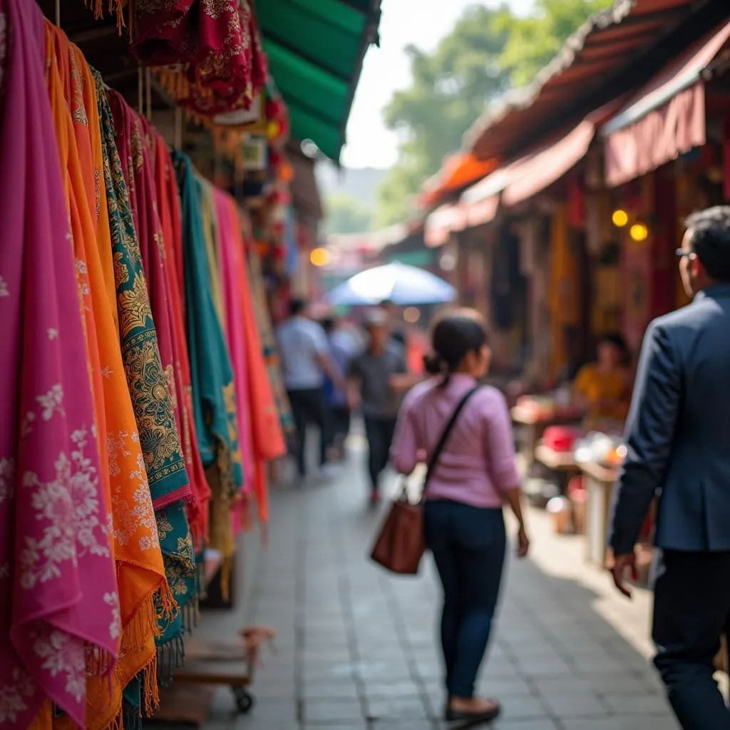 A shopper browsing colorful silk scarves at a Hanoi market