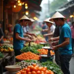 Hanoi market with traditional weighing scales