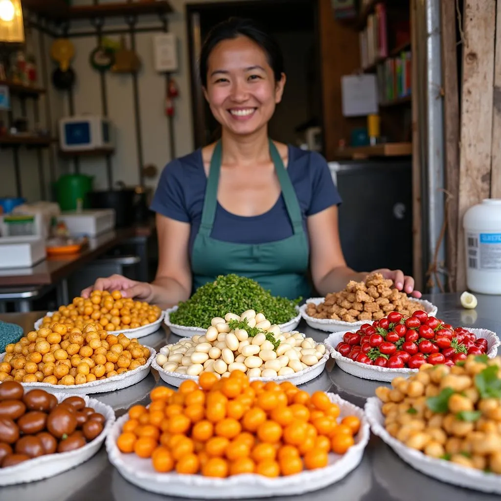 A woman selling colorful varieties of xoi at a Hanoi market