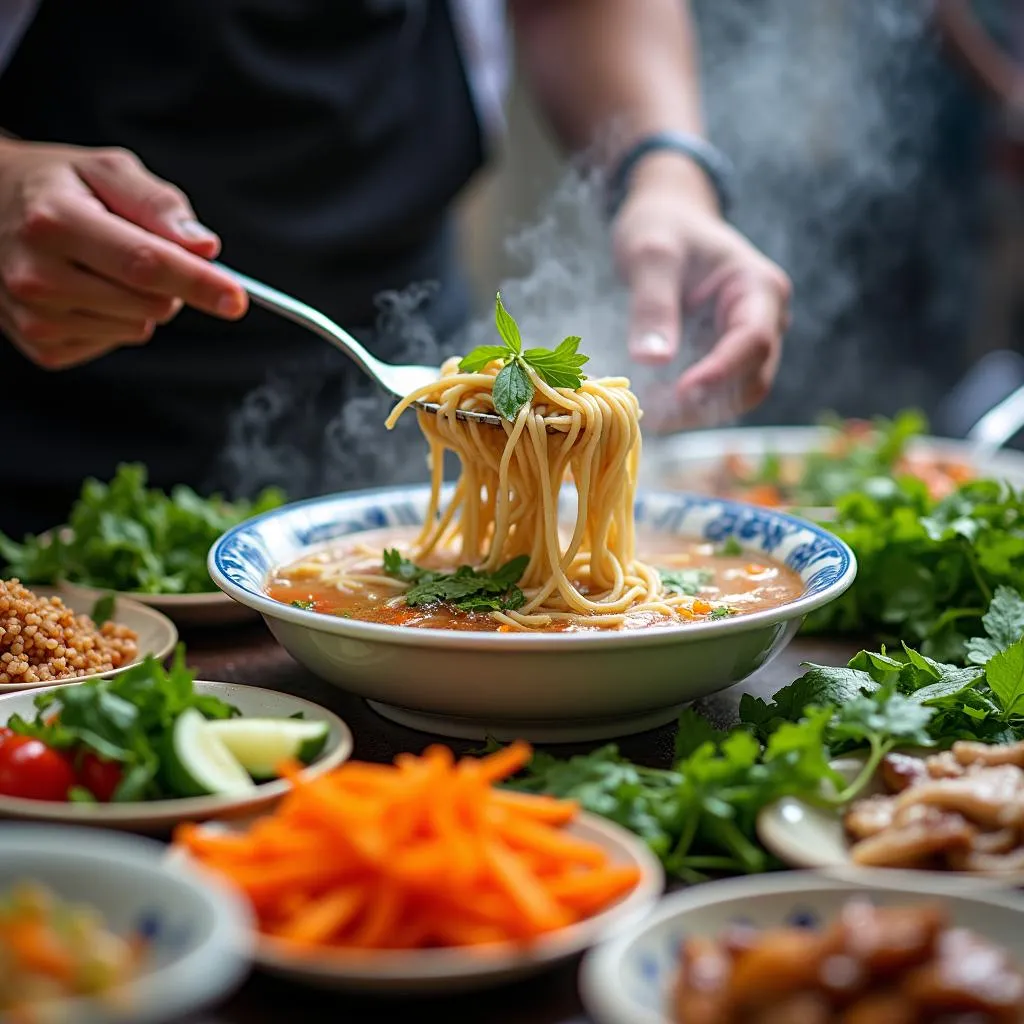 A vendor preparing a bowl of Chao at a morning market in Hanoi