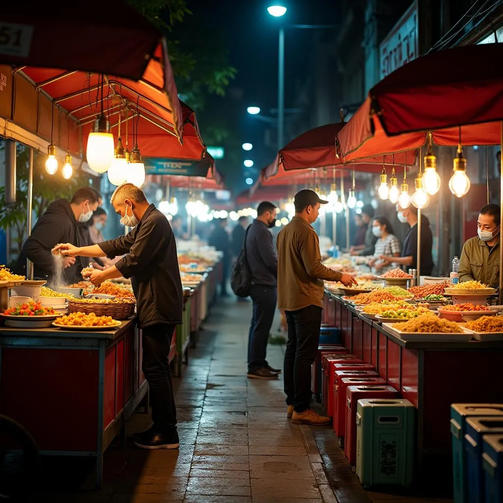 Bustling night market in Hanoi with various food stalls