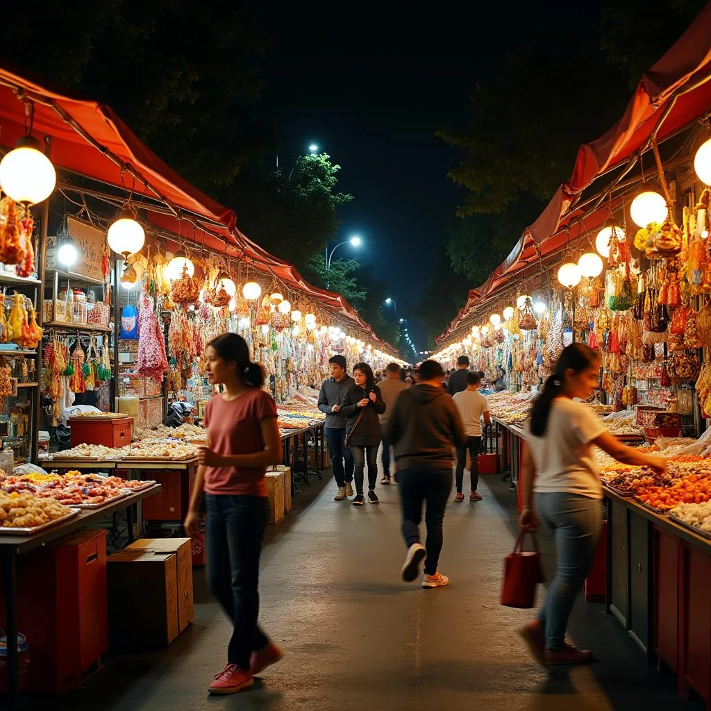 Hanoi Night Market with Colorful Souvenirs