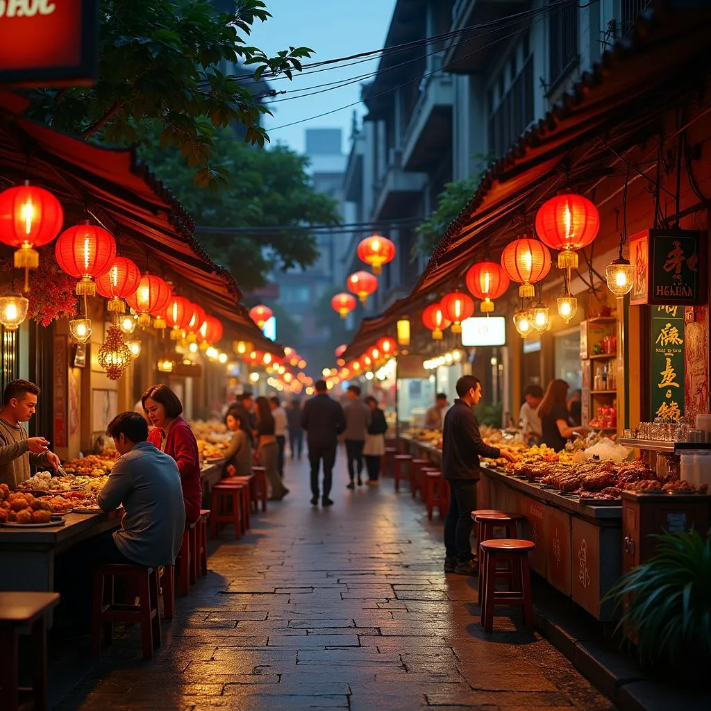 Bustling food street in Hanoi Old Quarter