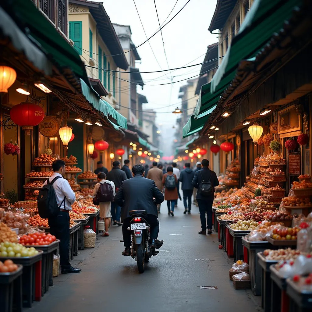 Busy market street in Hanoi's Old Quarter