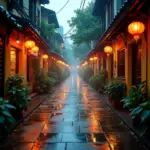 Hanoi Old Quarter in the rain during July