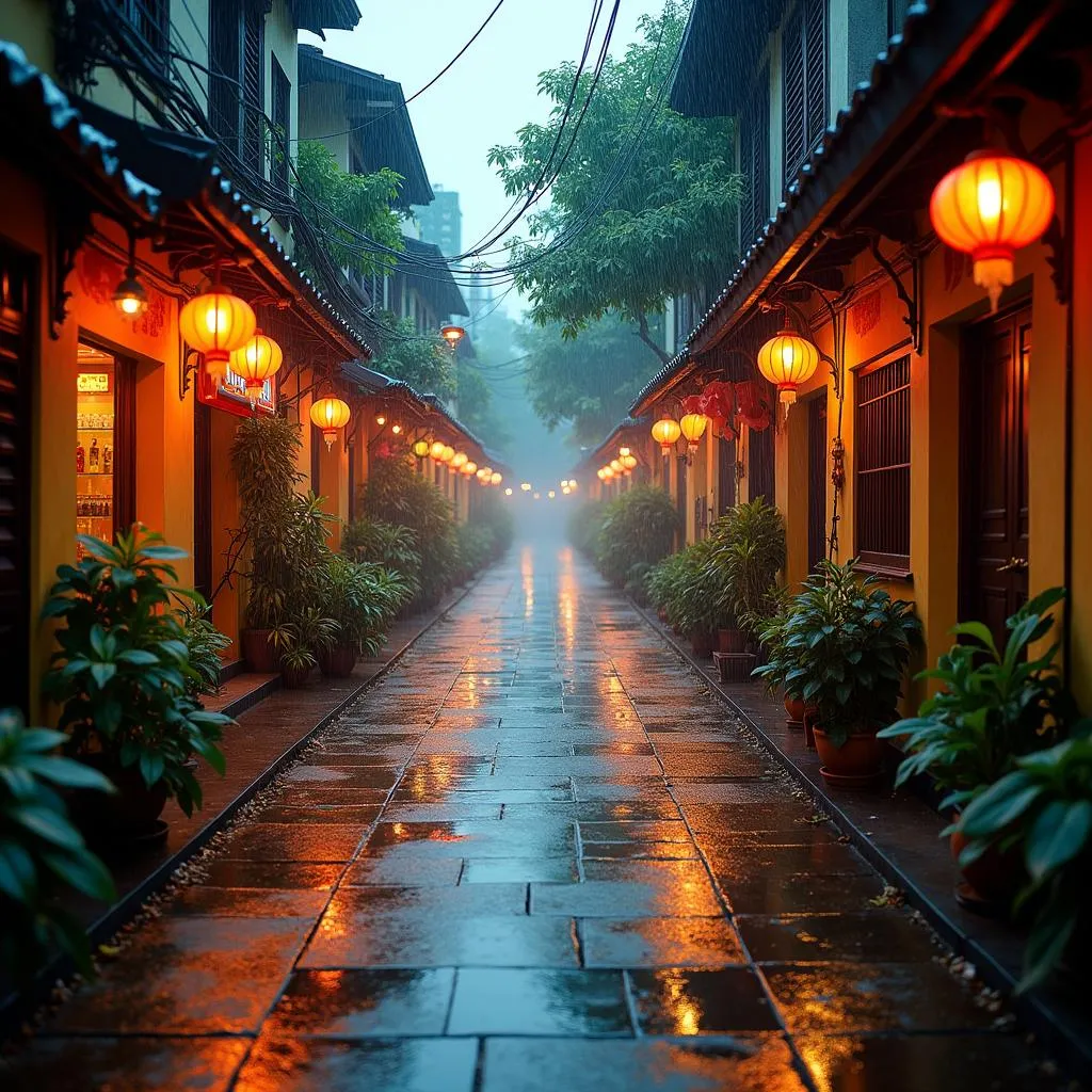 Hanoi Old Quarter in the rain during July