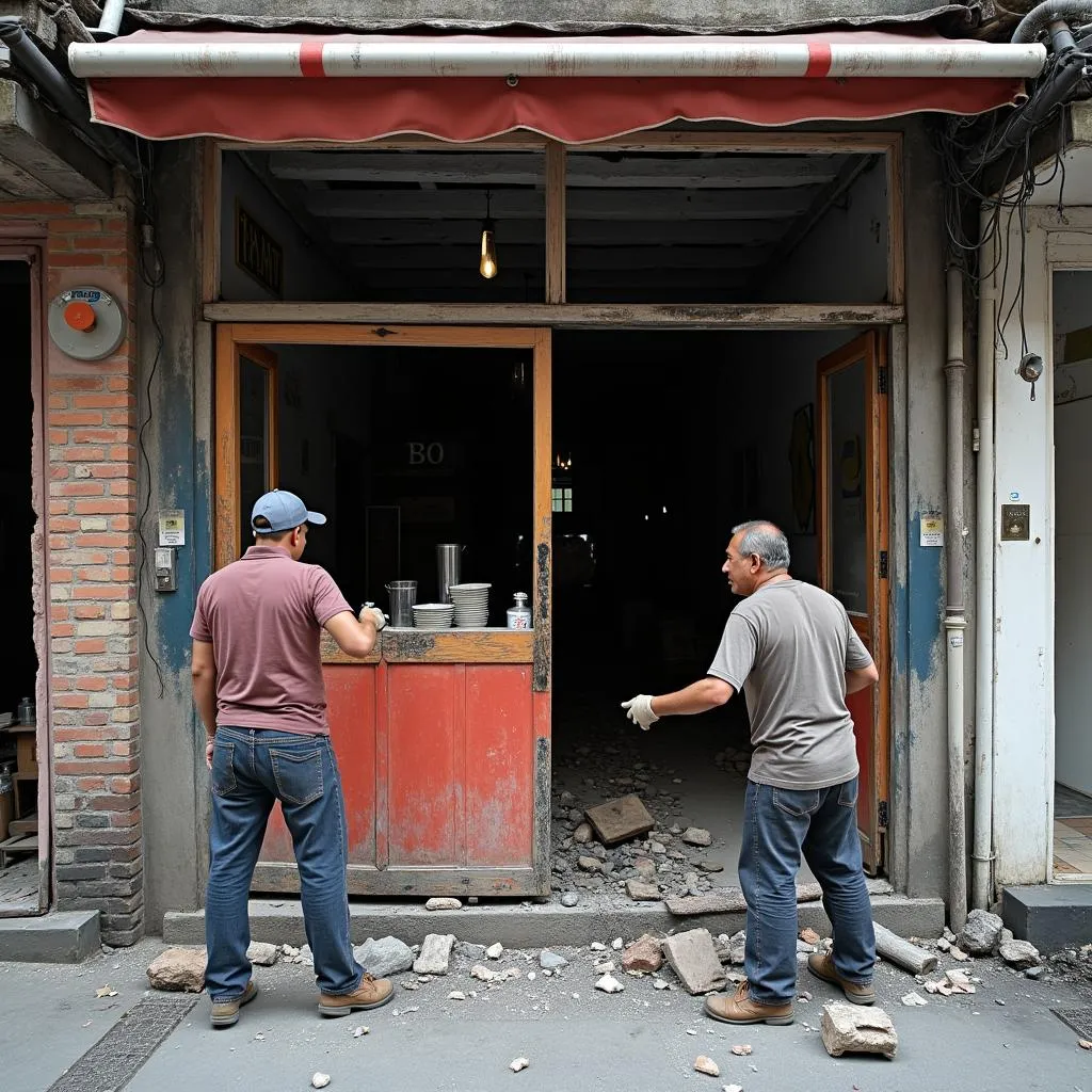 Hanoi old quarter shop after a fire, being rebuilt