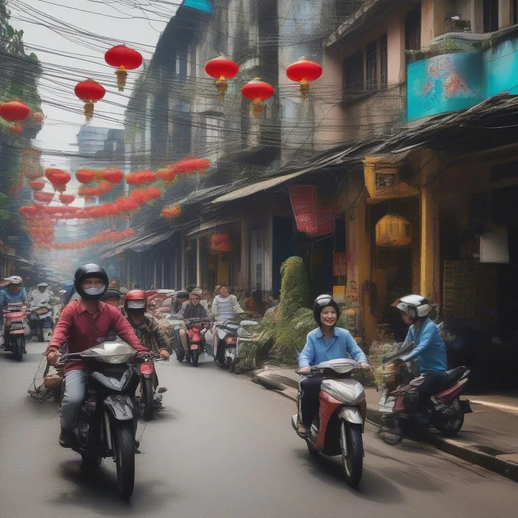 Bustling street scene in Hanoi's Old Quarter