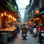 Hanoi Old Quarter bustling with street food vendors and tourists.