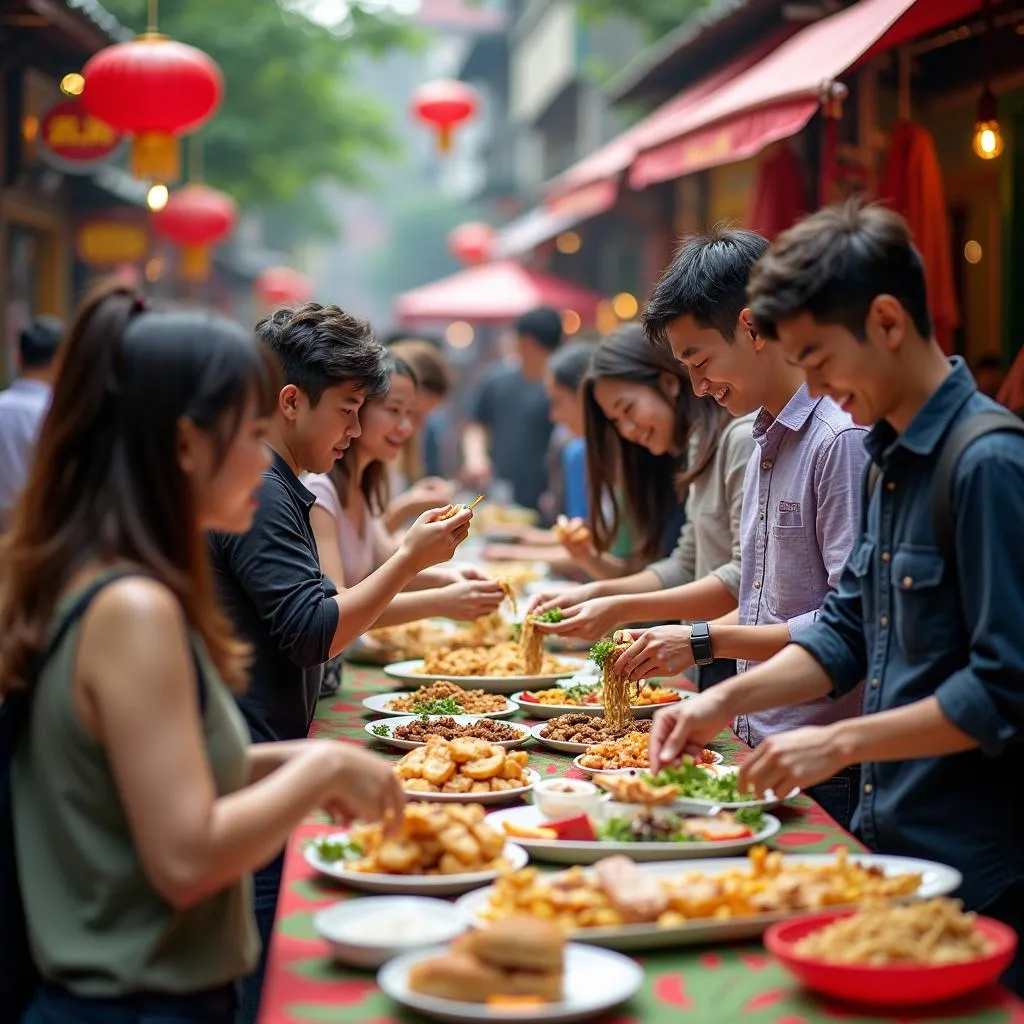 Group of tourists enjoying street food in Hanoi's Old Quarter with a local guide