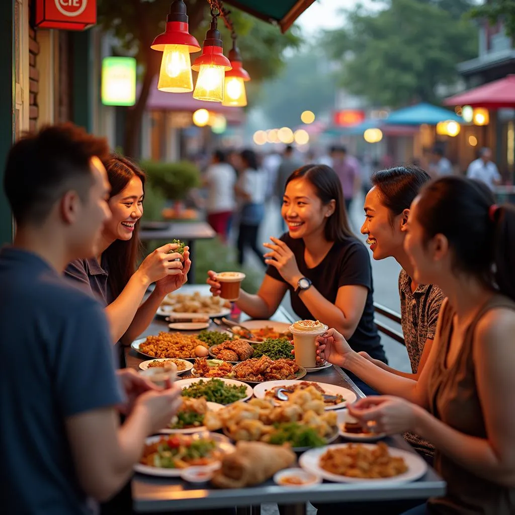 Group of friends enjoying a street food tour in Hanoi's Old Quarter