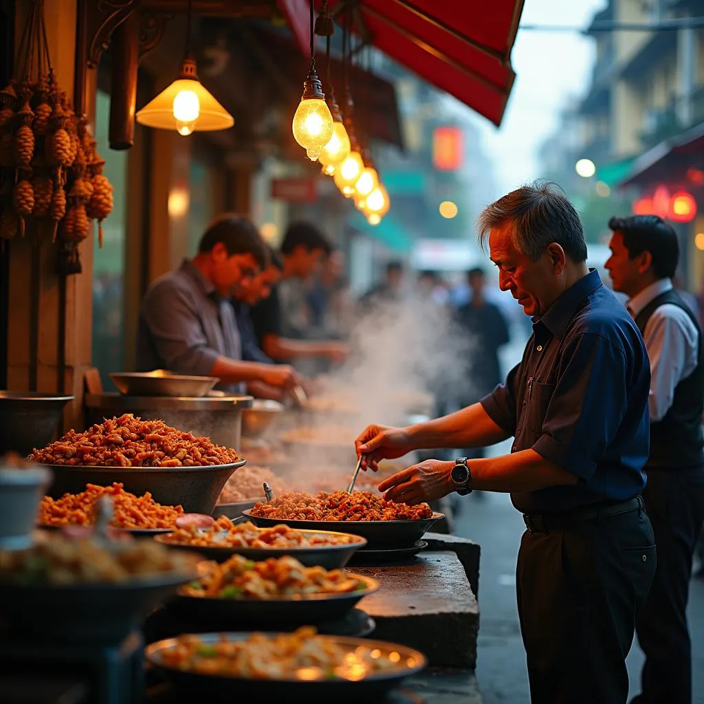 Bustling street food scene in Hanoi's Old Quarter