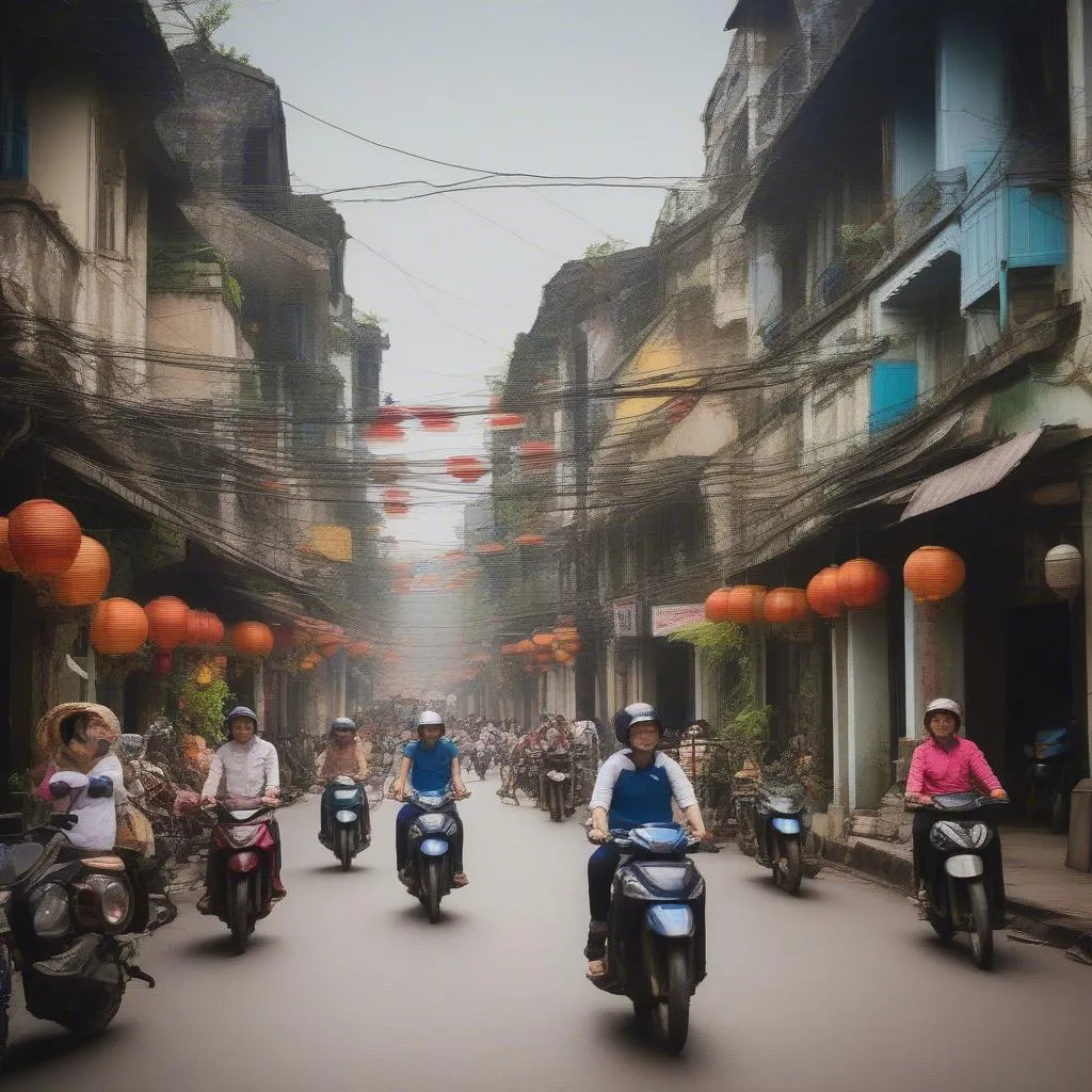 Busy street scene in Hanoi's Old Quarter