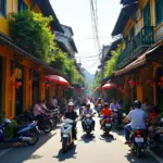 Bustling street scene in Hanoi's Old Quarter