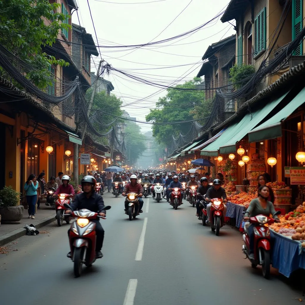 Bustling street scene in Hanoi's Old Quarter