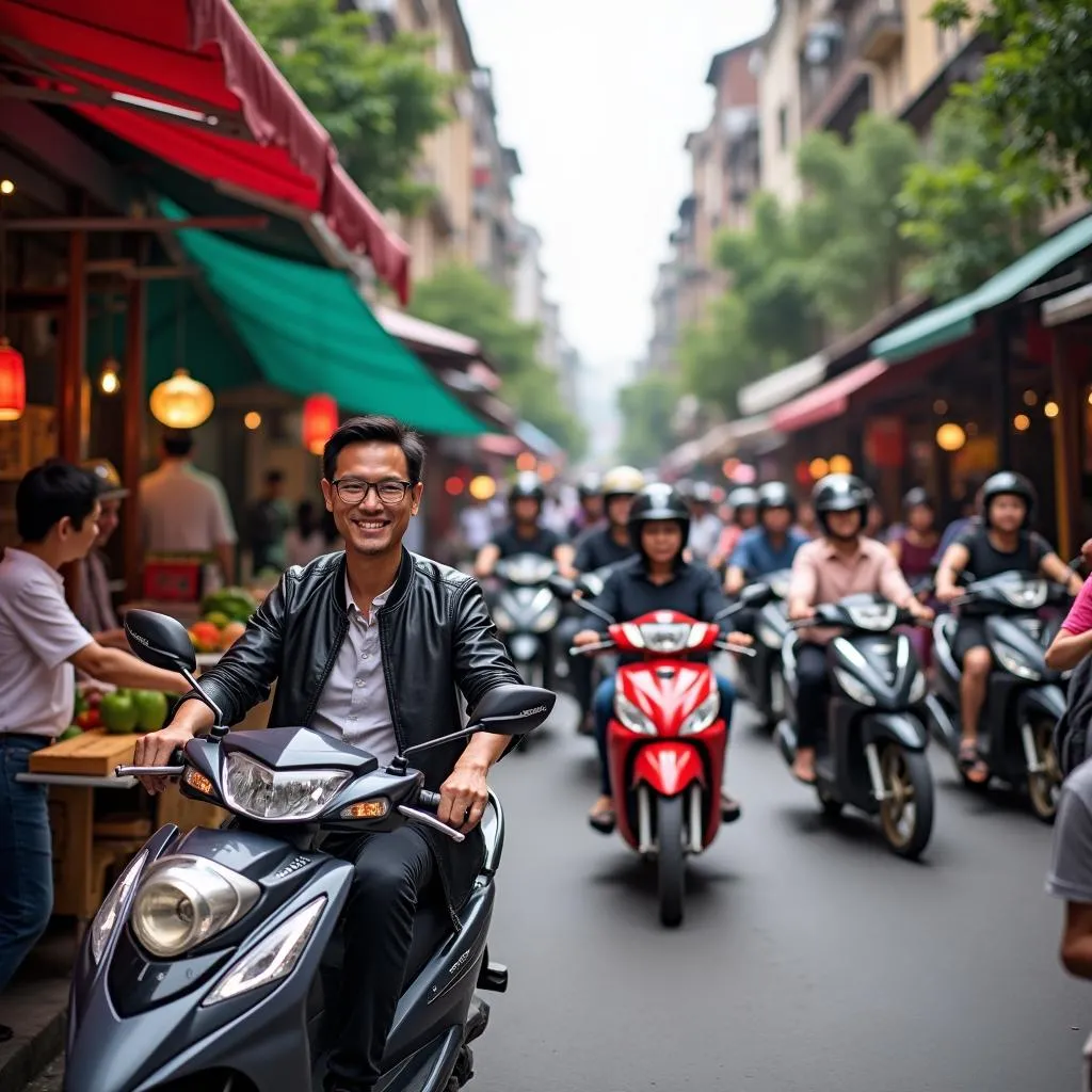 Busy street scene in Hanoi Old Quarter