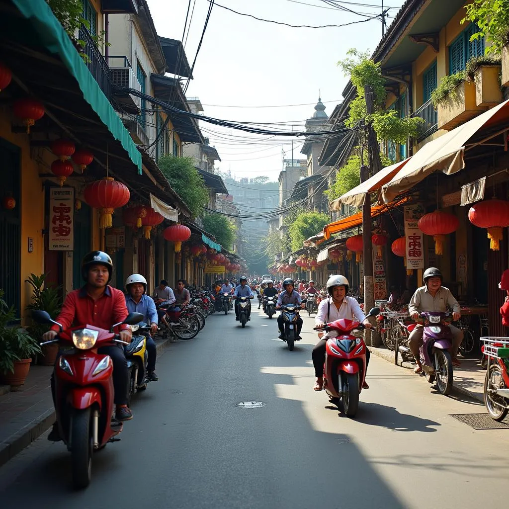 Bustling street scene in Hanoi's Old Quarter